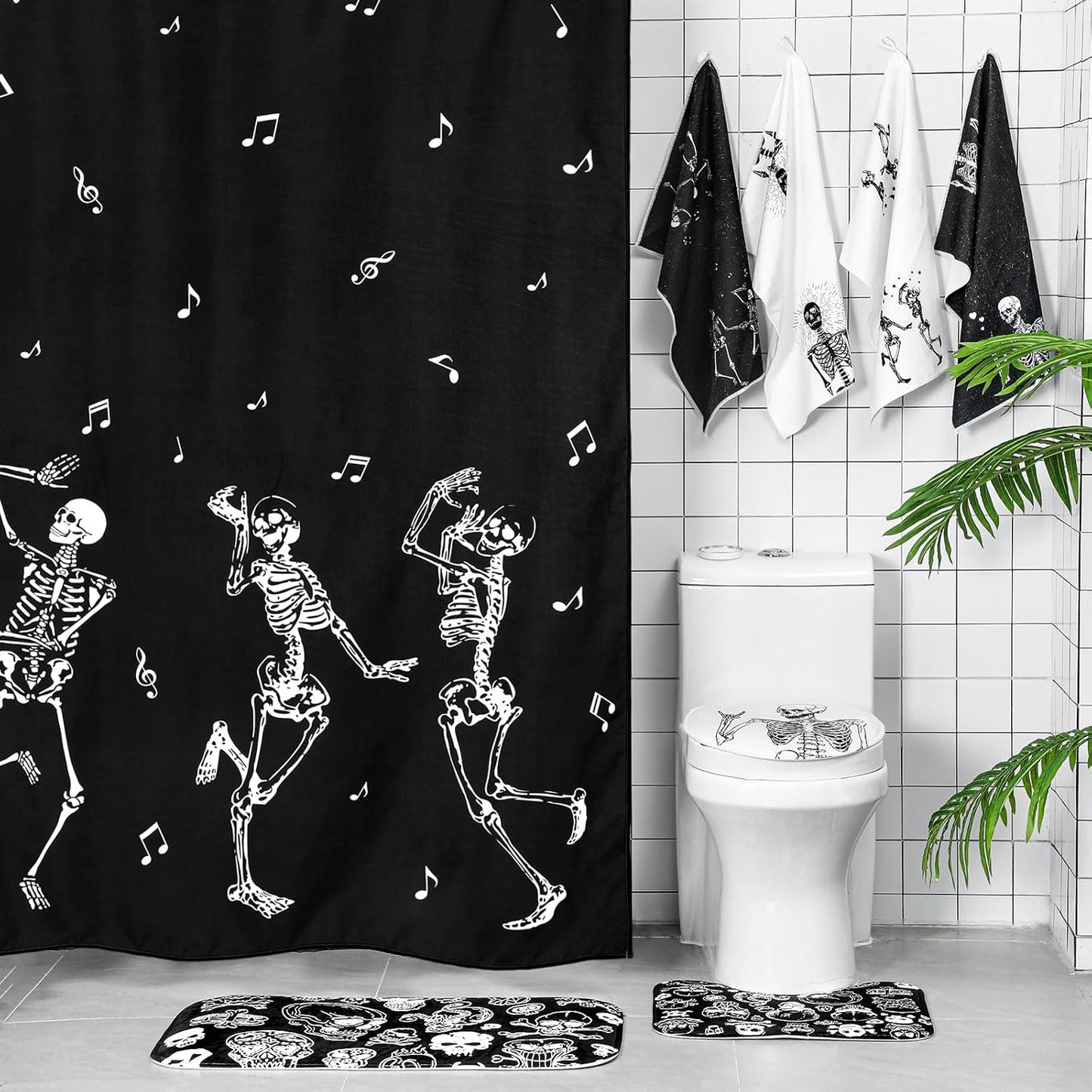 Honoson 8 Pcs Skeleton Shower Curtain Set with Rugs and Kitchen Towels Skeleton Farmhouse Shower Curtain Bathroom Set for Farmhouse Country Summer Halloween Housewarming Gifts Decor