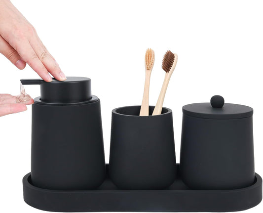 Black Bathroom Accessories Set - 4 Pcs Bathroom Accessory Sets with Toothbrush Holder.Lotion Soap Dispenser.Qtip Holder Dispensr & Vanity Tray.Bathroom Countertop Vanity Oganizer - Matte Black