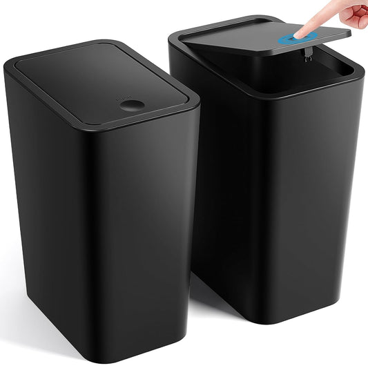Bathroom Trash Can with Lid. 2 Pack 4 Gallons/15 Liters Garbage Can with Pop-Up Lid. Small Plastic Trash Can. Slim Trash Bin Waste Basket for Bathroom. Bedroom. Office. Living Room(Black)