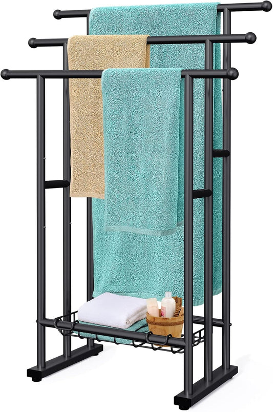 40 Tall Freestanding Towel Racks for Bathroom. 3 Tier Floor Towel Rack with Storage Basket. Blanket Ladder Drying and Display Rack for Large Bath & Hand Towel Outdoor Poolside (Silver)