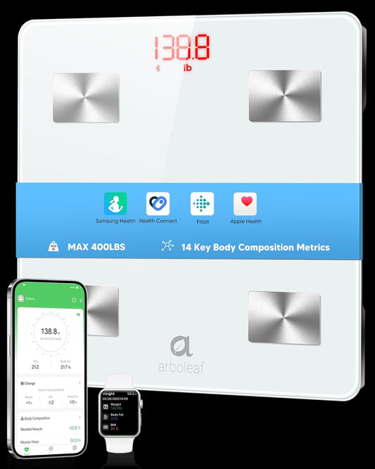 arboleaf Smart Scale for Body Weight and Fat. Bluetooth Digital Bathroom Scale. Body Composition Analyzer with App. 14 Metrics Include BMI. 400lb Capacity(White)