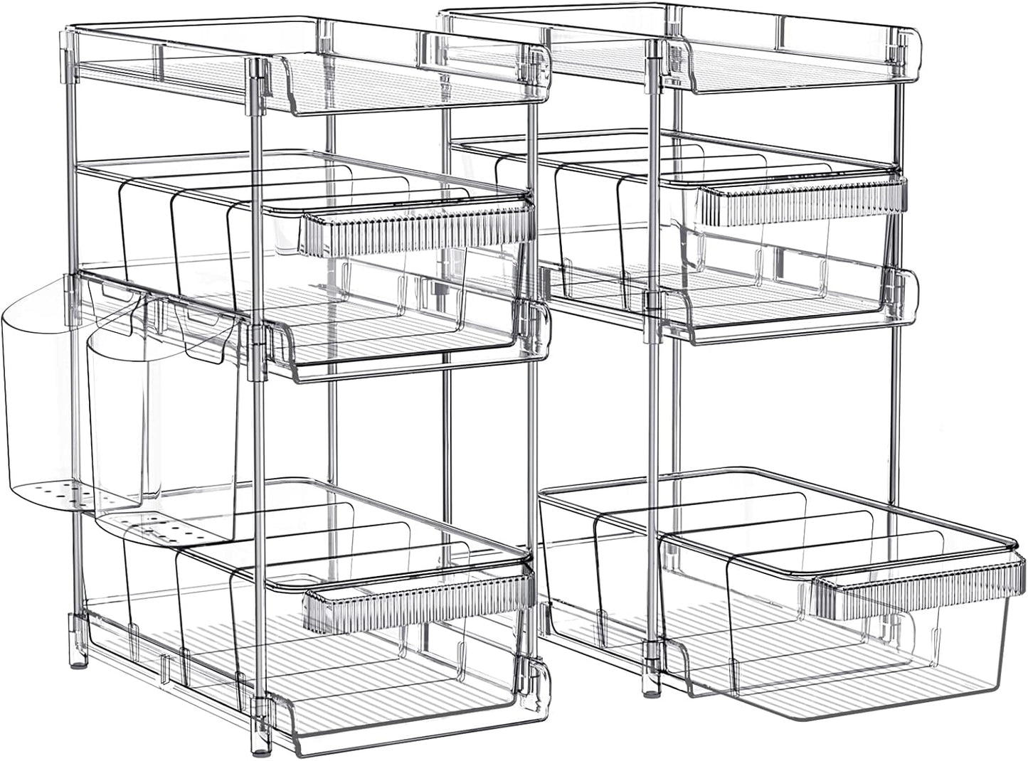 Clear Bathroom Organizers 2 Sets 3 Tier. Pull Out Organizer and Storage with 2 Cups. Slide Out Drawer Storage Container with 6 Dividers. Multi-Purpose Bathroom Organizer. Kitchen Under Sink Organizer