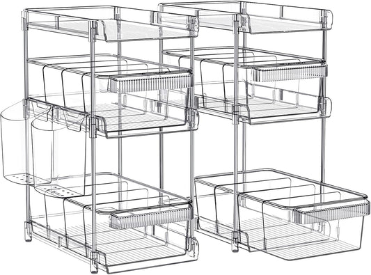 Clear Bathroom Organizers 2 Sets 3 Tier. Pull Out Organizer and Storage with 2 Cups. Slide Out Drawer Storage Container with 6 Dividers. Multi-Purpose Bathroom Organizer. Kitchen Under Sink Organizer