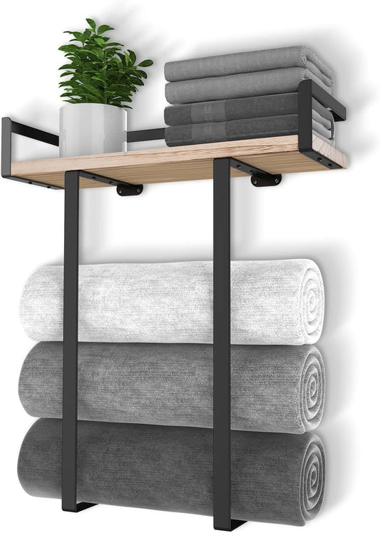Towel Racks for Bathroom Wall Mounted. Xstydes Metal Towel Holder with Wooden Shelf for Folding Large Towels. Towel Storage for Small Bathroom Organizer Decor or RV Camping