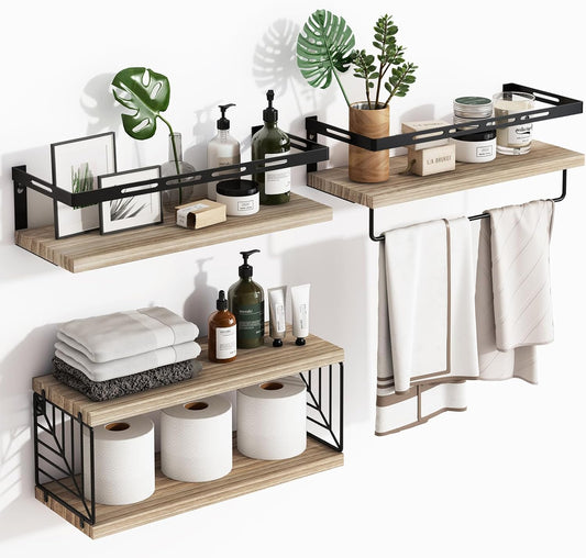Fixwal 3+1 Bathroom Shelves Over Toilet. Floating Shelves Wall Mounted with Metal Frame and Towel Bar for Bathroom. Kitchen. Bedroom. Living Room (Rustic Brown)