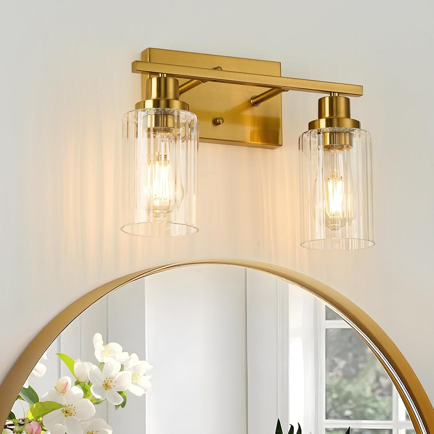 Jonsi Brushed Gold Bathroom Light Fixtures. 4-Light Brushed Gold Vanity Light. Bathroom Vanity Light with Stripe Glass Shade. E26 Wall Sconces Over Mirror for Bathroom. Living Room. Hallway