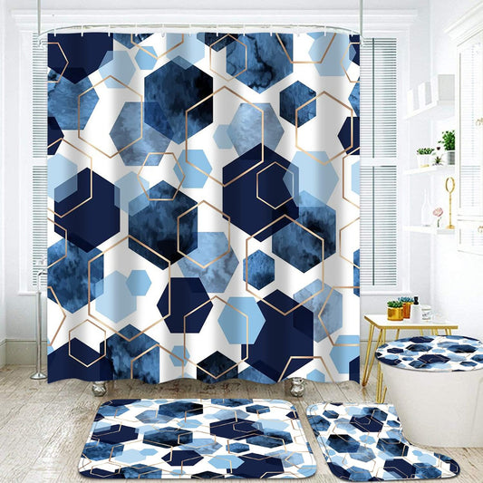 4Pcs Sky Blue Geometric Shower Curtain Set with Navy Blue Abstract Art. 12 Hooks. Bath Mat and Rugs