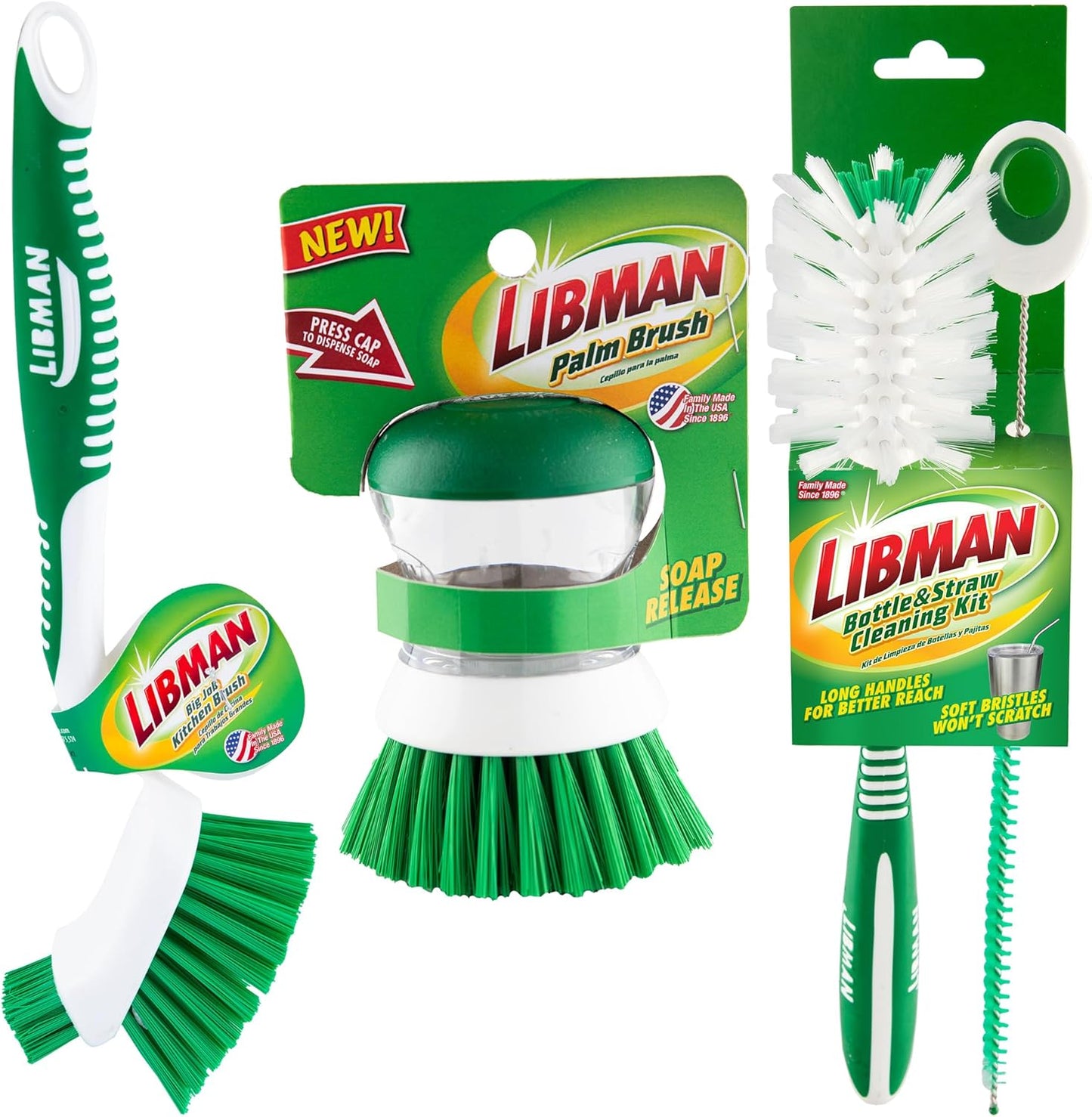 Libman Scrub Brush Kit ¨C Three Different Durable Brushes for Grout. Tile. Bathroom. Kitchen. Easy to Handle. Strong Fibers for Tough Messes ¨C Family Made in the USA. Unisex Lot 2406
