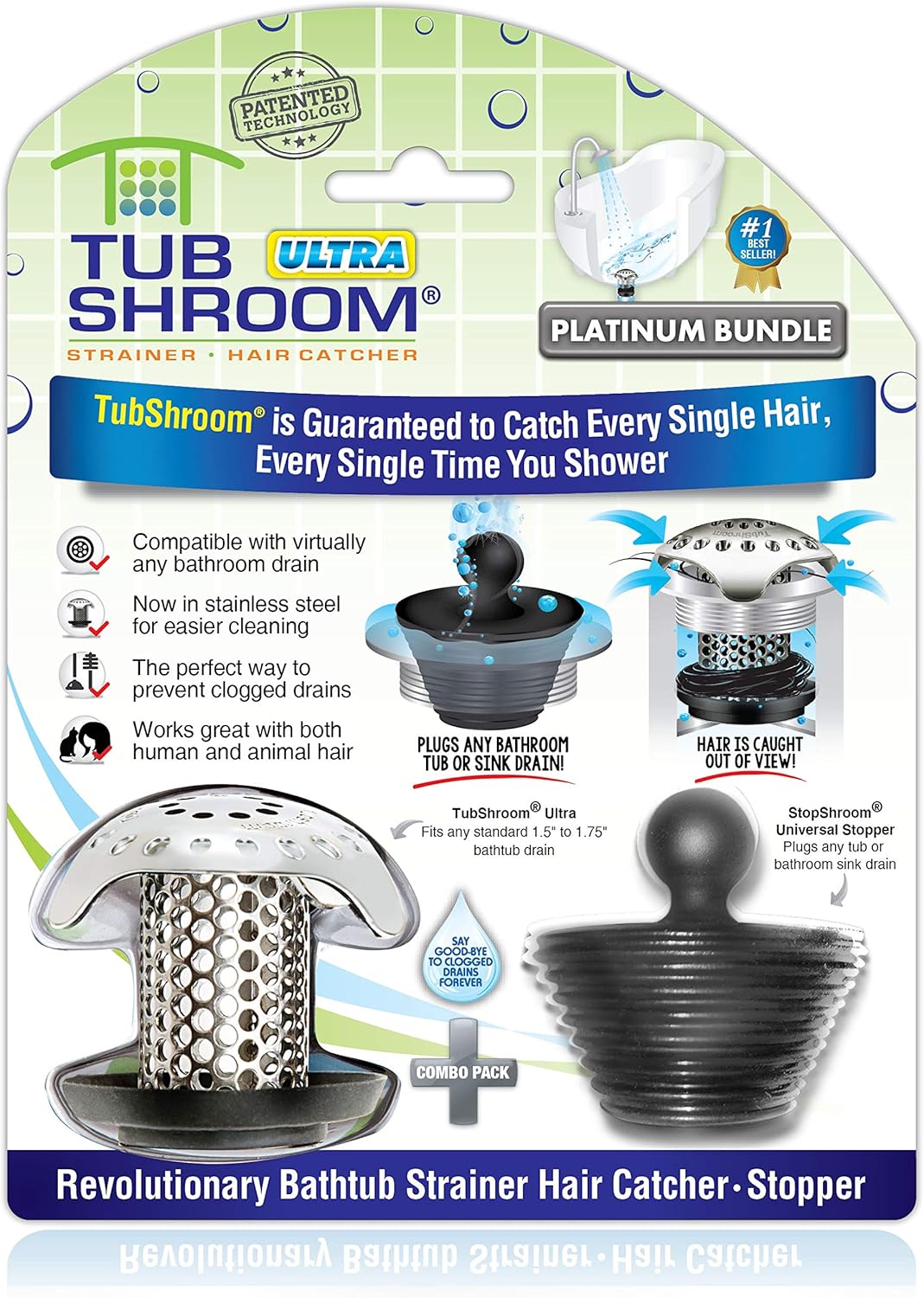 TubShroom Ultra Revolutionary Bath Tub Drain Protector Hair Catcher/Strainer/Snare Stainless Steel. 1-Pack. Silver